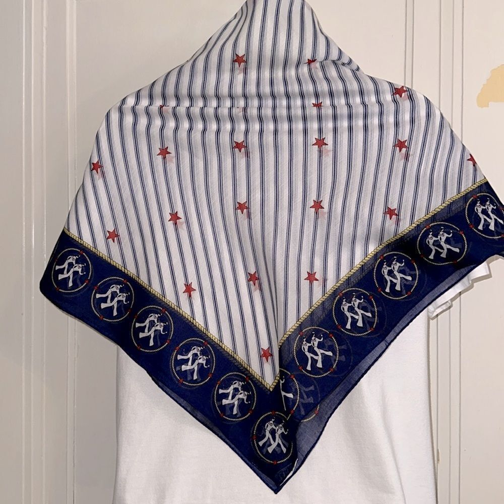 Vintage 60s Norman Red, White & Blue Sailor Print Very Large Square Scarf - Picture 8 of 8